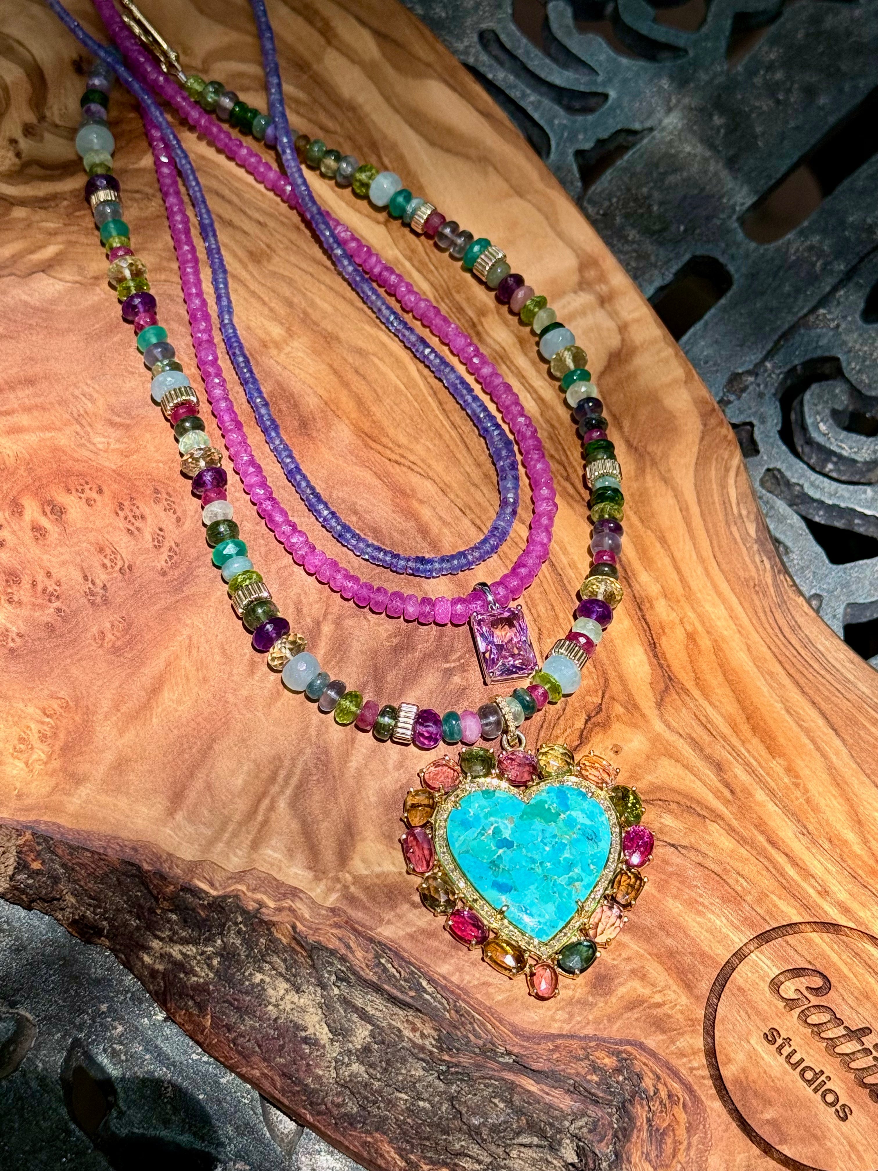 turquoise and tourmaline heart pendant necklace with multi-gemstones