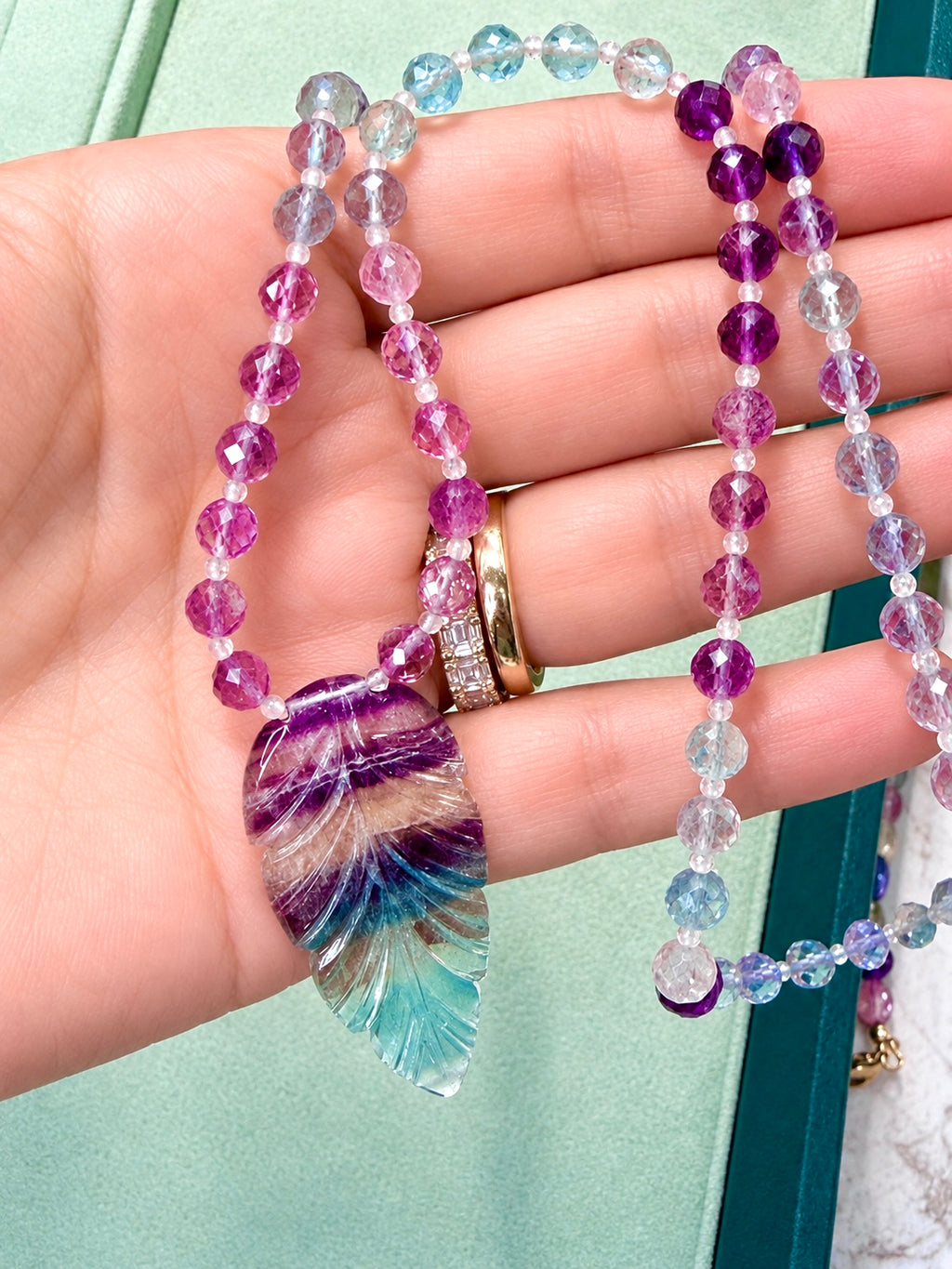 Fluorite Necklace with Hand Carved Shoulder Leaf Pendant