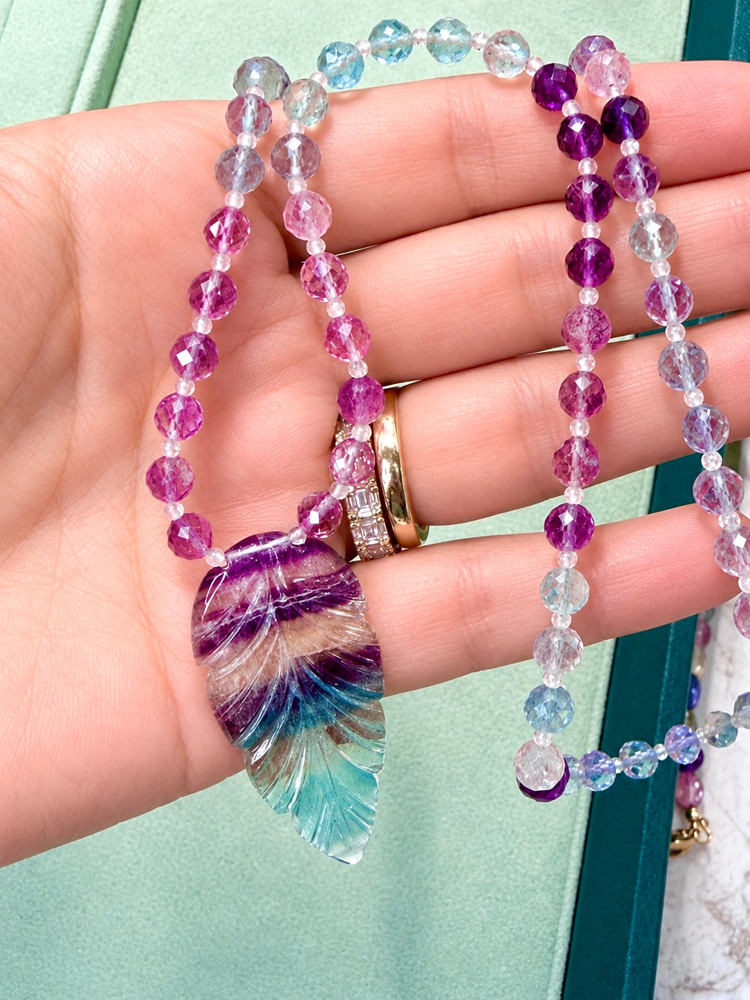 Fluorite Necklace with Hand Carved Shoulder Leaf Pendant