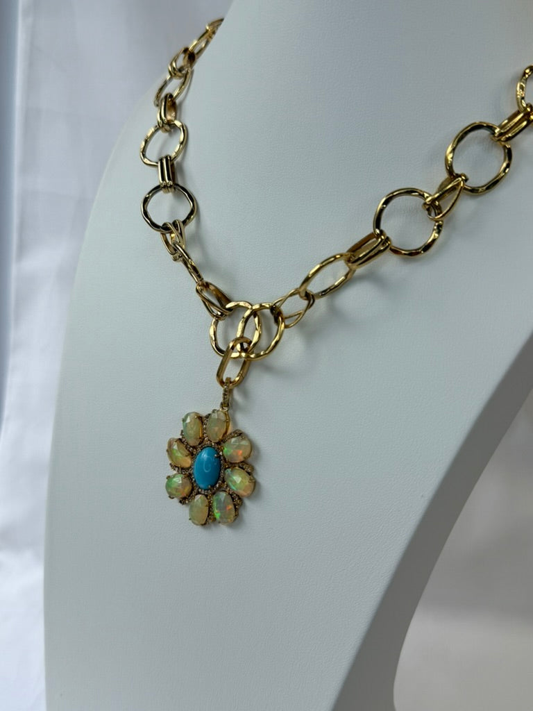 Statement. Necklace, Chunky, gold filled Chain with turquoise and opal pendant.