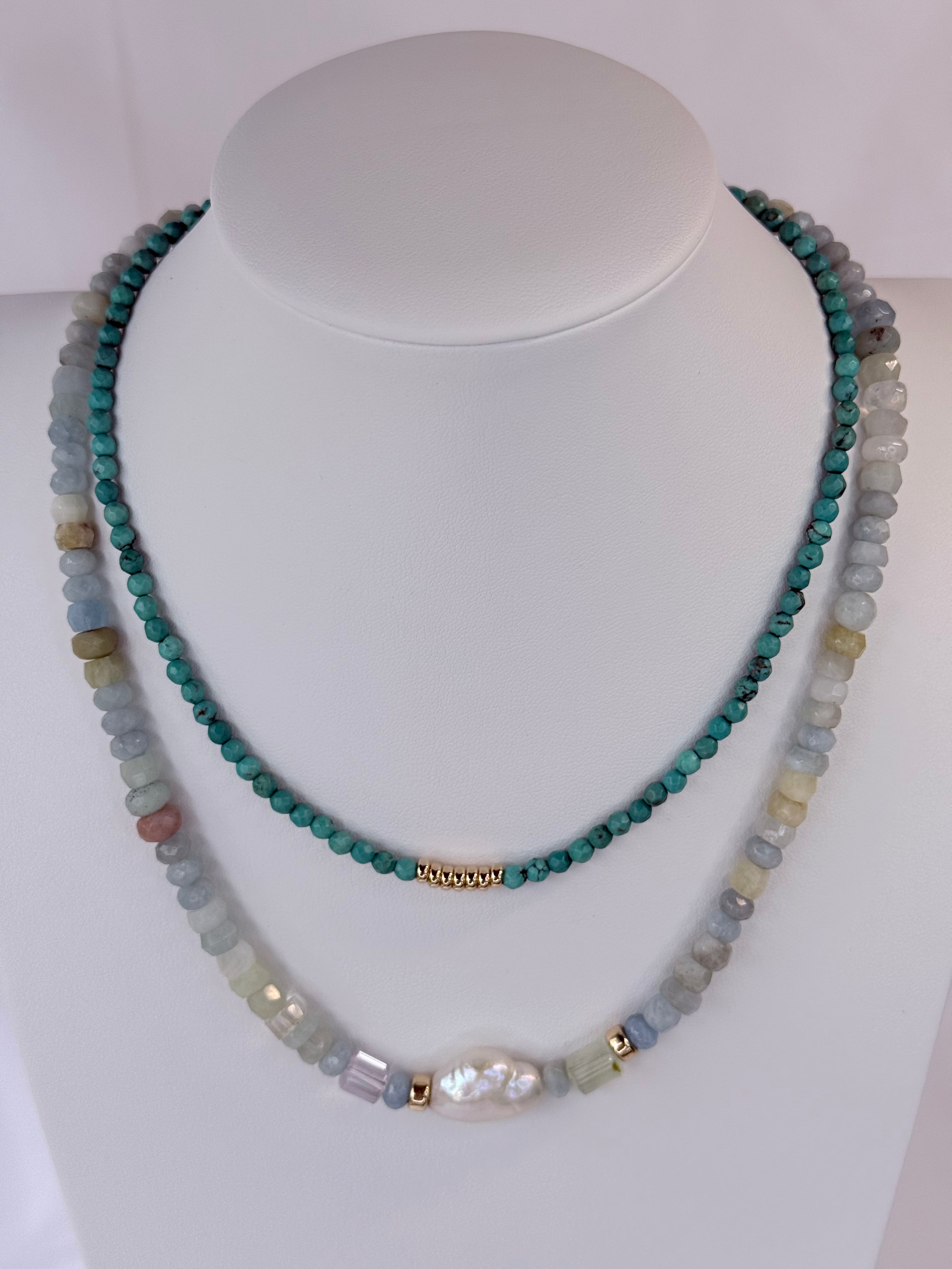Opaque Aquamarine hand faceted necklace.