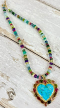 turquoise and tourmaline heart pendant necklace with multi-gemstones