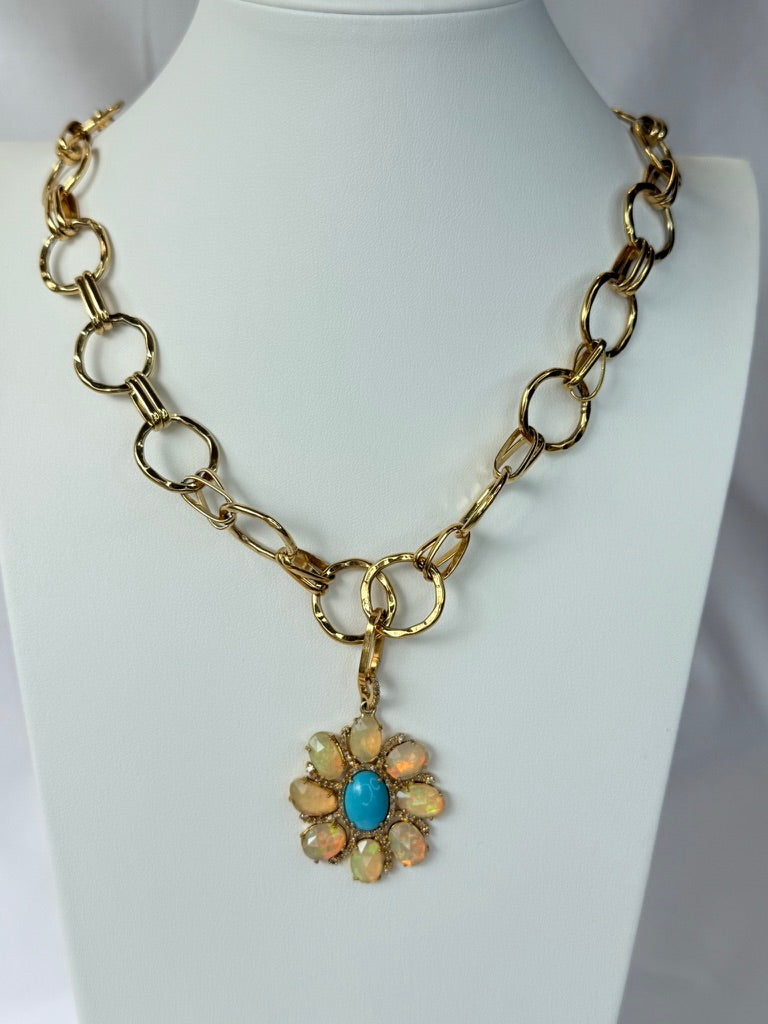 Statement. Necklace, Chunky, gold filled Chain with turquoise and opal pendant.