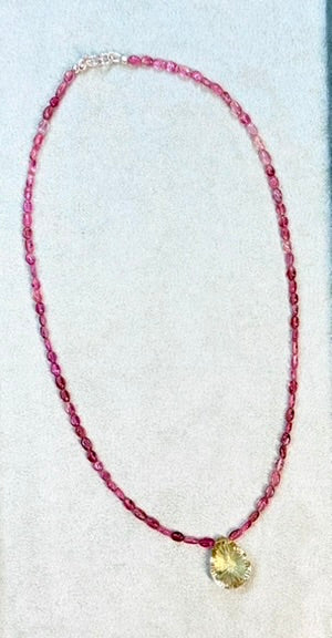 Pink Tourmaline necklace with Lemon Topaz Briolette pendant.