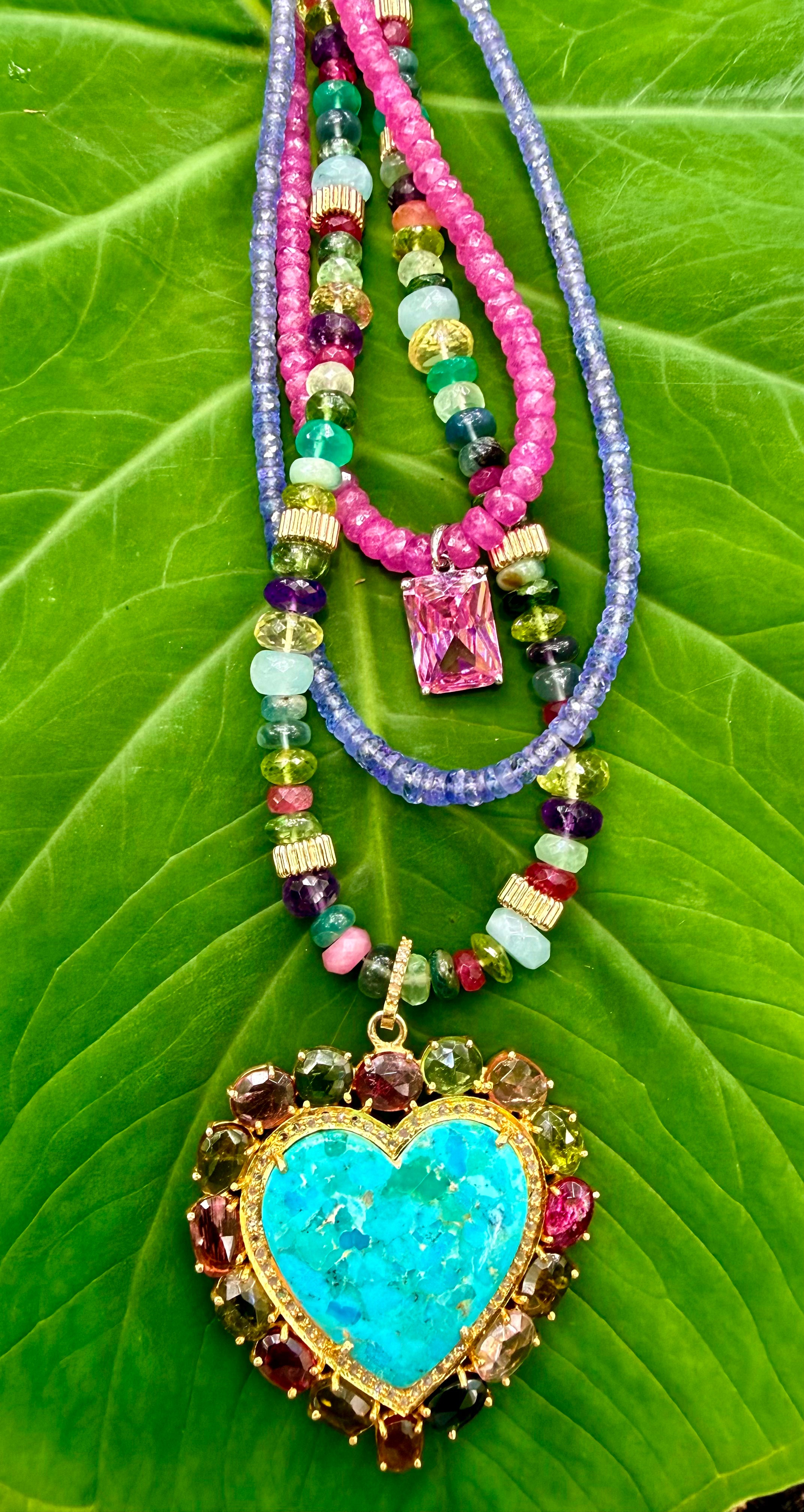 turquoise and tourmaline heart pendant necklace with multi-gemstones