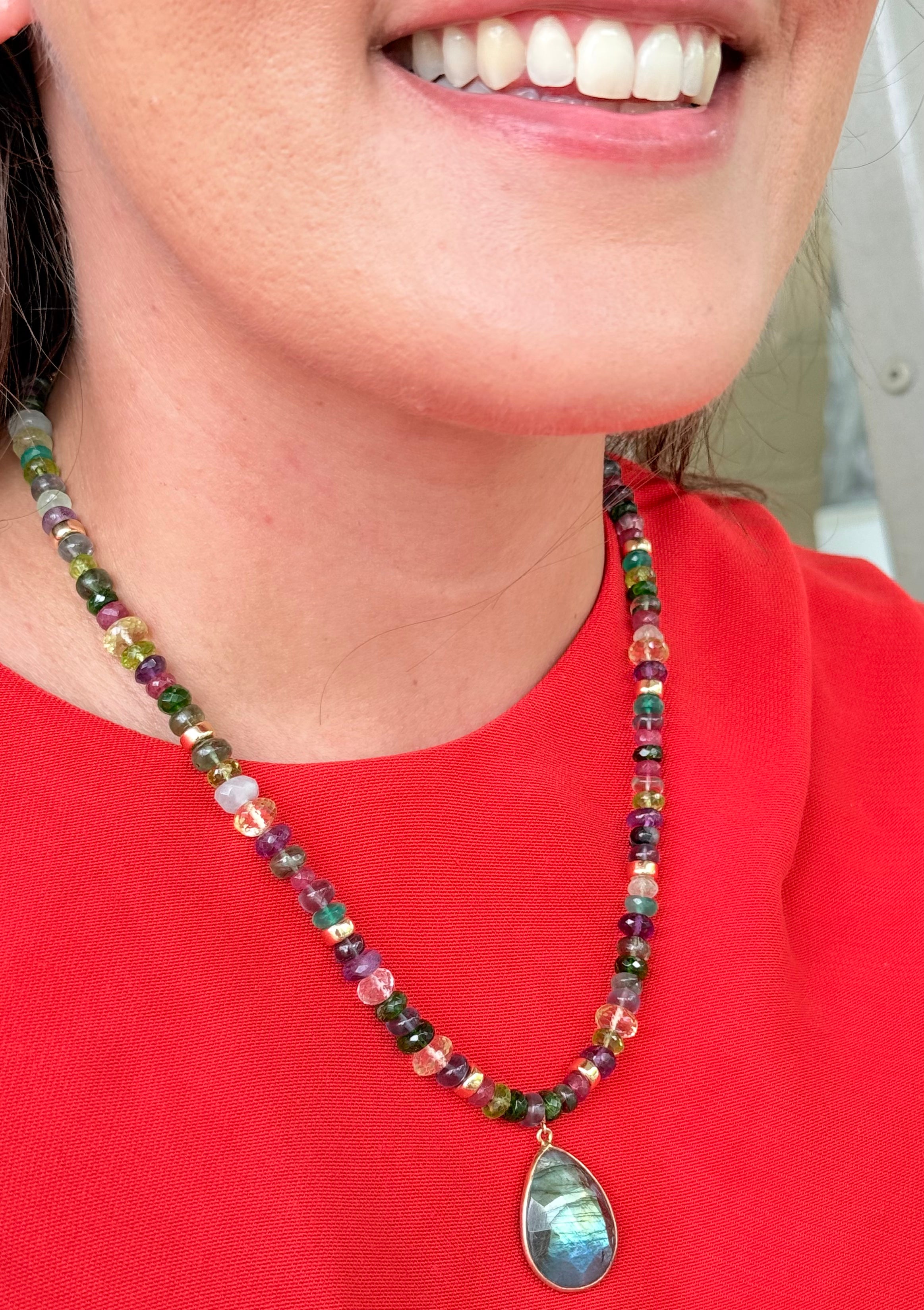 Labradorite pendant on multi gemstone necklace.