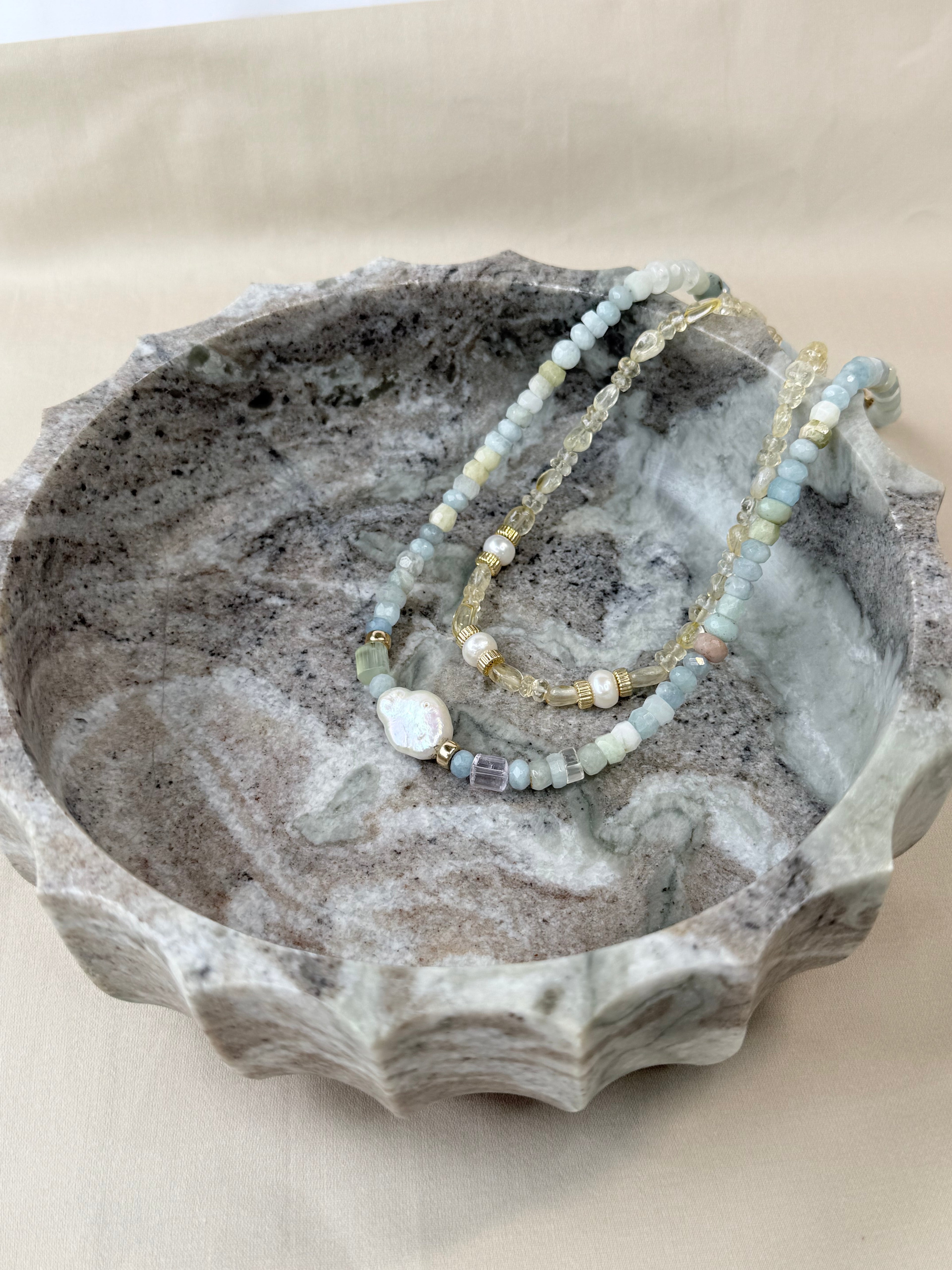 Opaque Aquamarine hand faceted necklace.