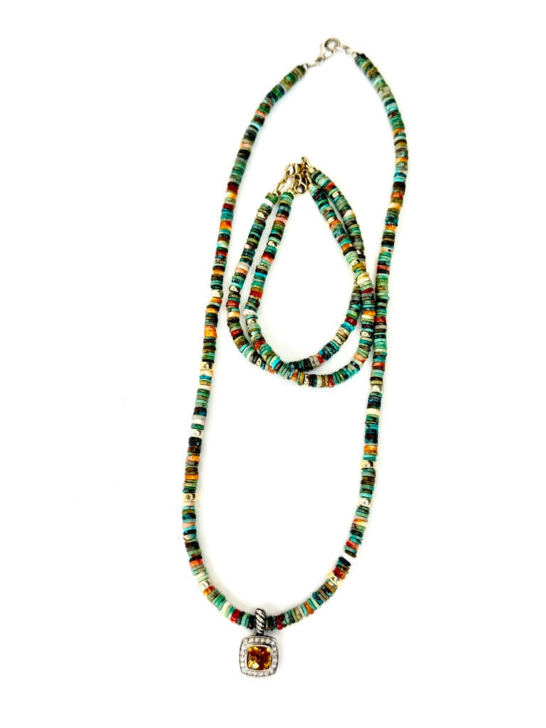 Turquoise and Spiny Oyster Necklace with Citrine Pendant