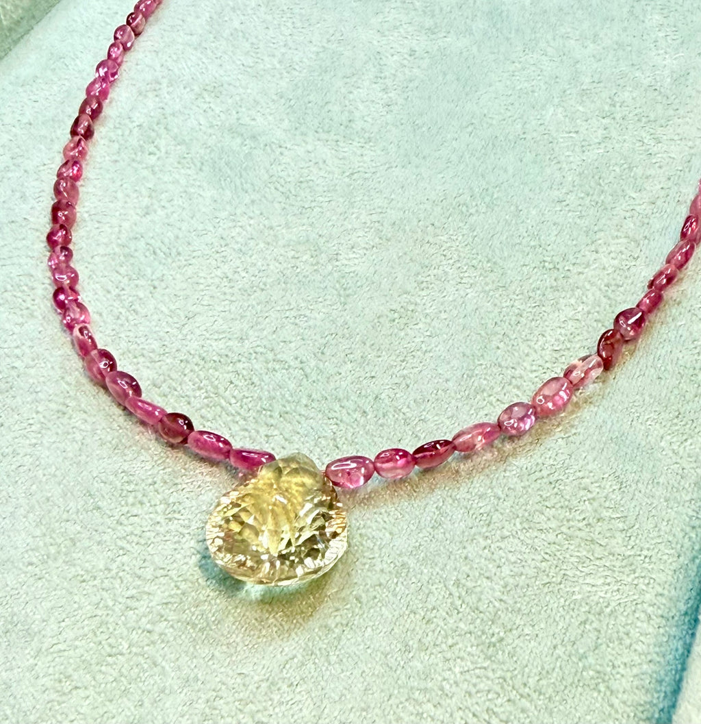 Pink Tourmaline necklace with Lemon Topaz Briolette pendant.
