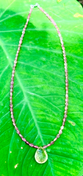 Pink Tourmaline necklace with Lemon Topaz Briolette pendant.