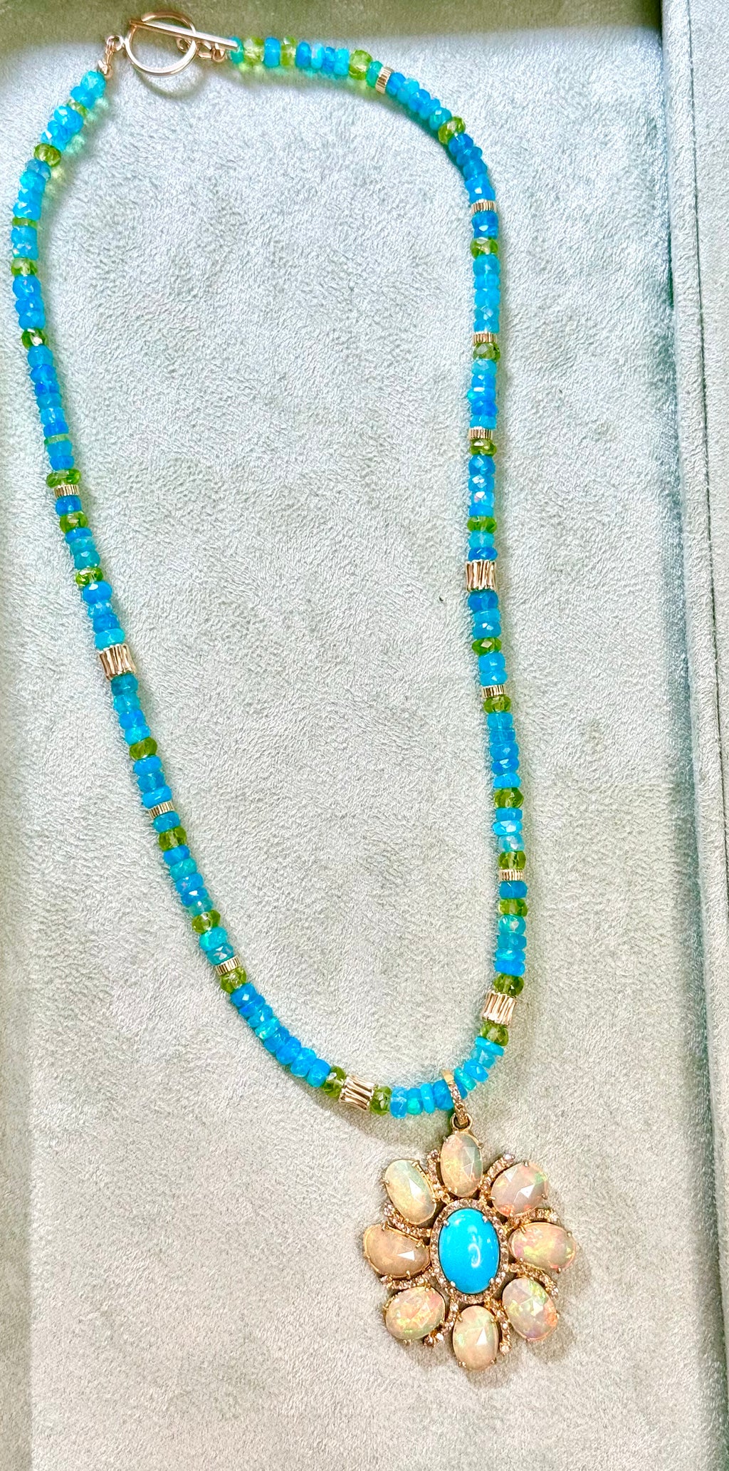 Blue Opal and Peridot necklace with Statement Pendant