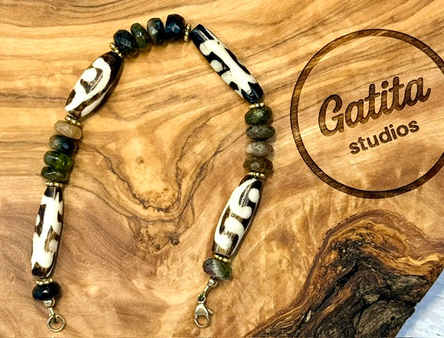 Bracelet with Tourmaline and Animal Print Bone beads