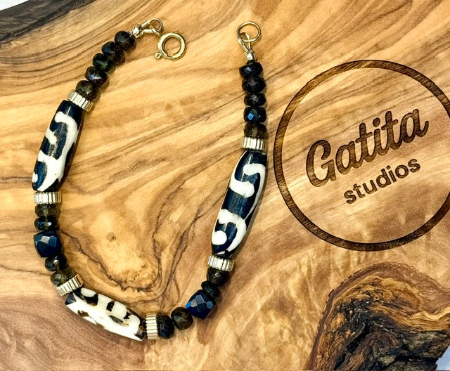 Tourmaline and Hand Painted Bone Bracelet