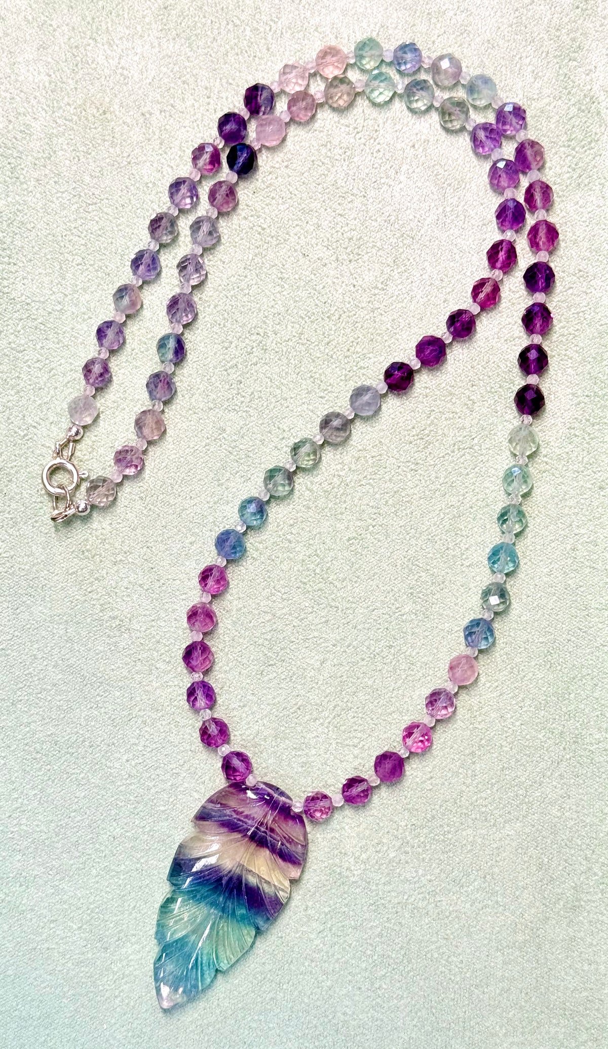 Fluorite Necklace with Hand Carved Shoulder Leaf Pendant