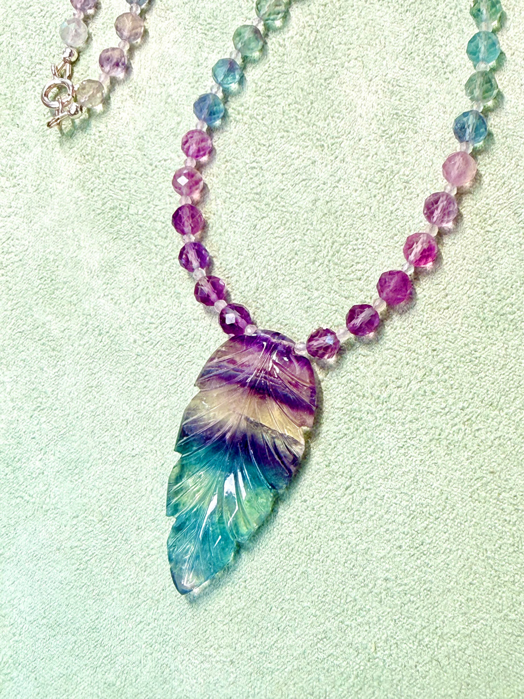 Fluorite Necklace with Hand Carved Shoulder Leaf Pendant