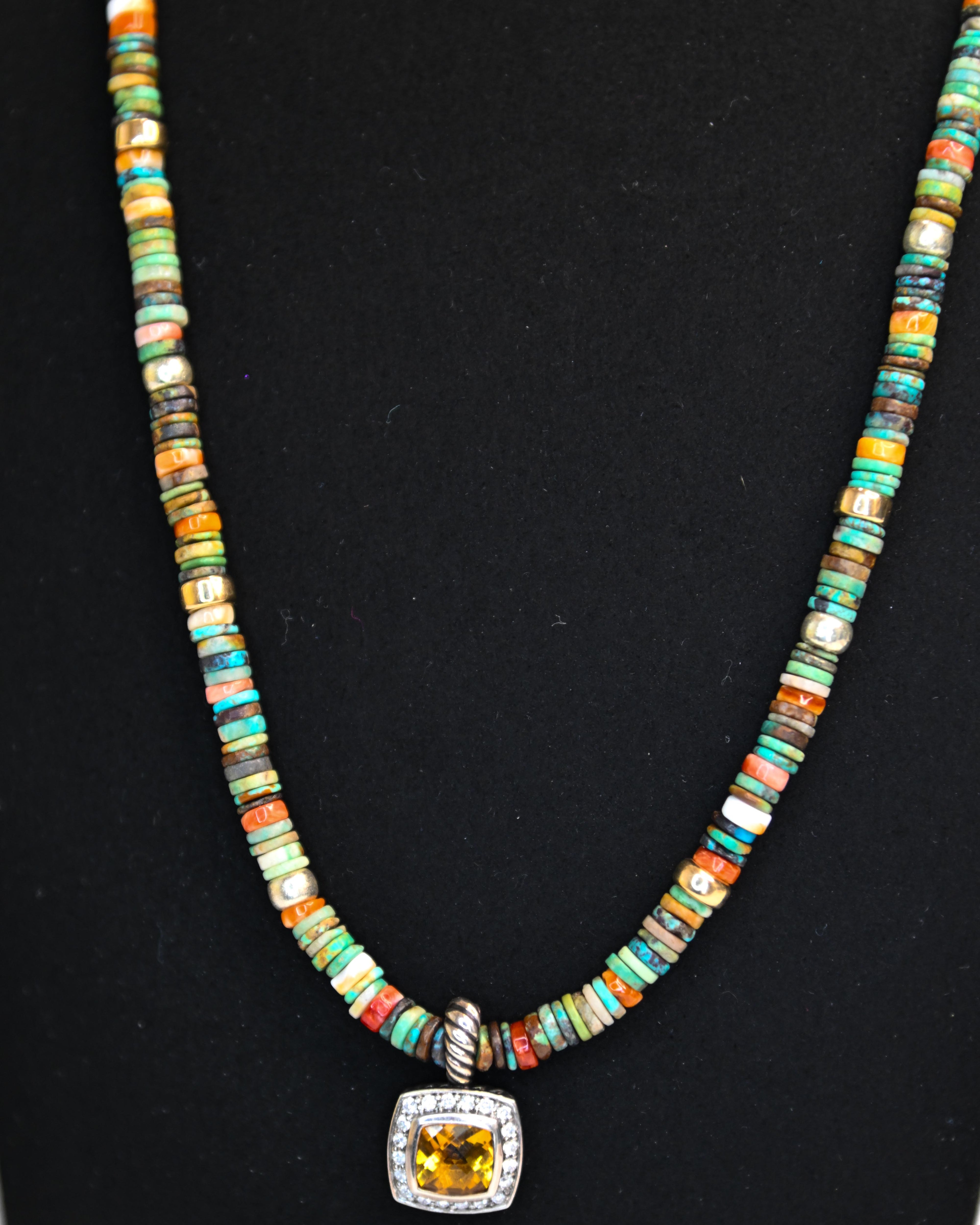 Turquoise and Spiny Oyster Necklace with Citrine Pendant