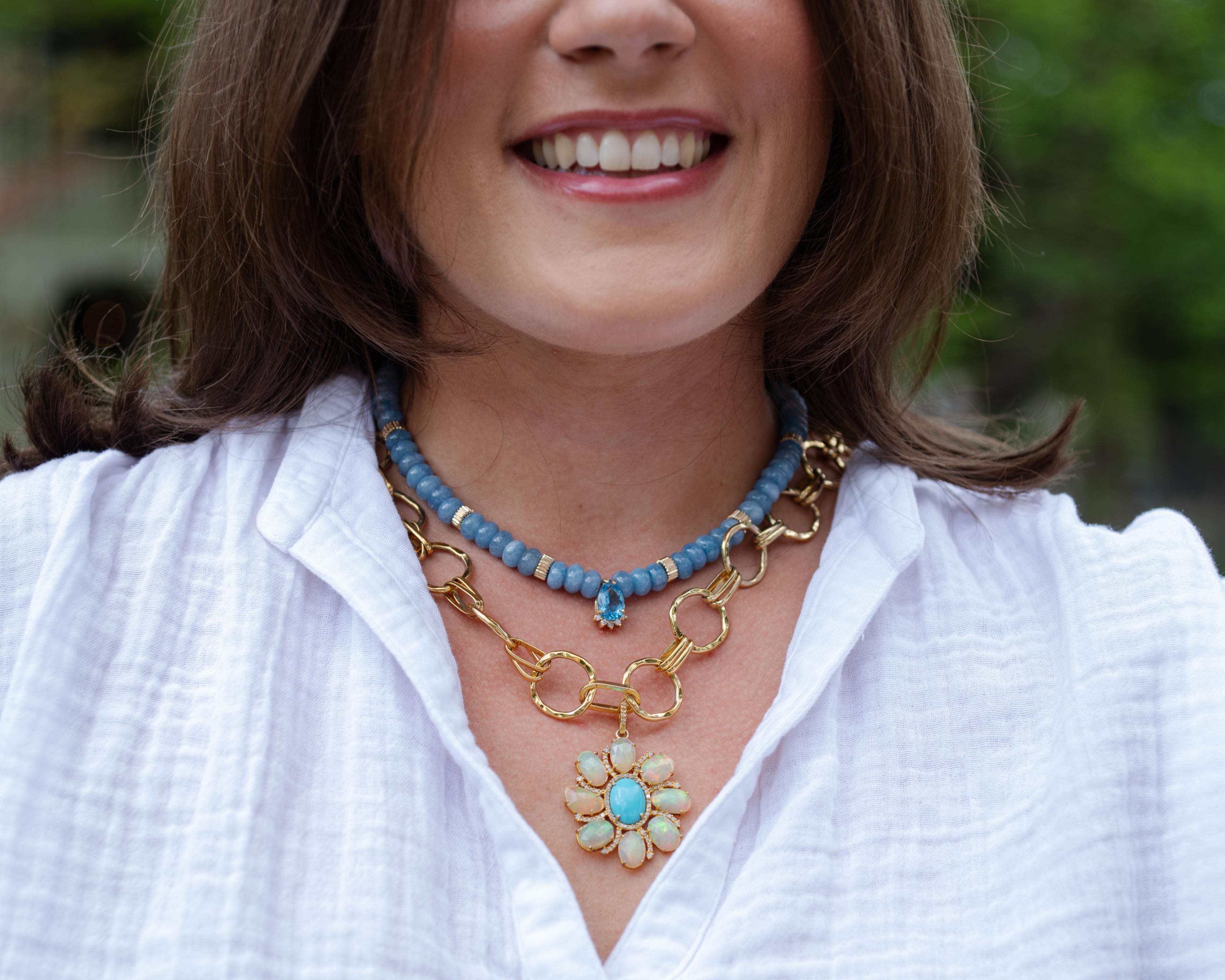 Statement. Necklace, Chunky, gold filled Chain with turquoise and opal pendant.