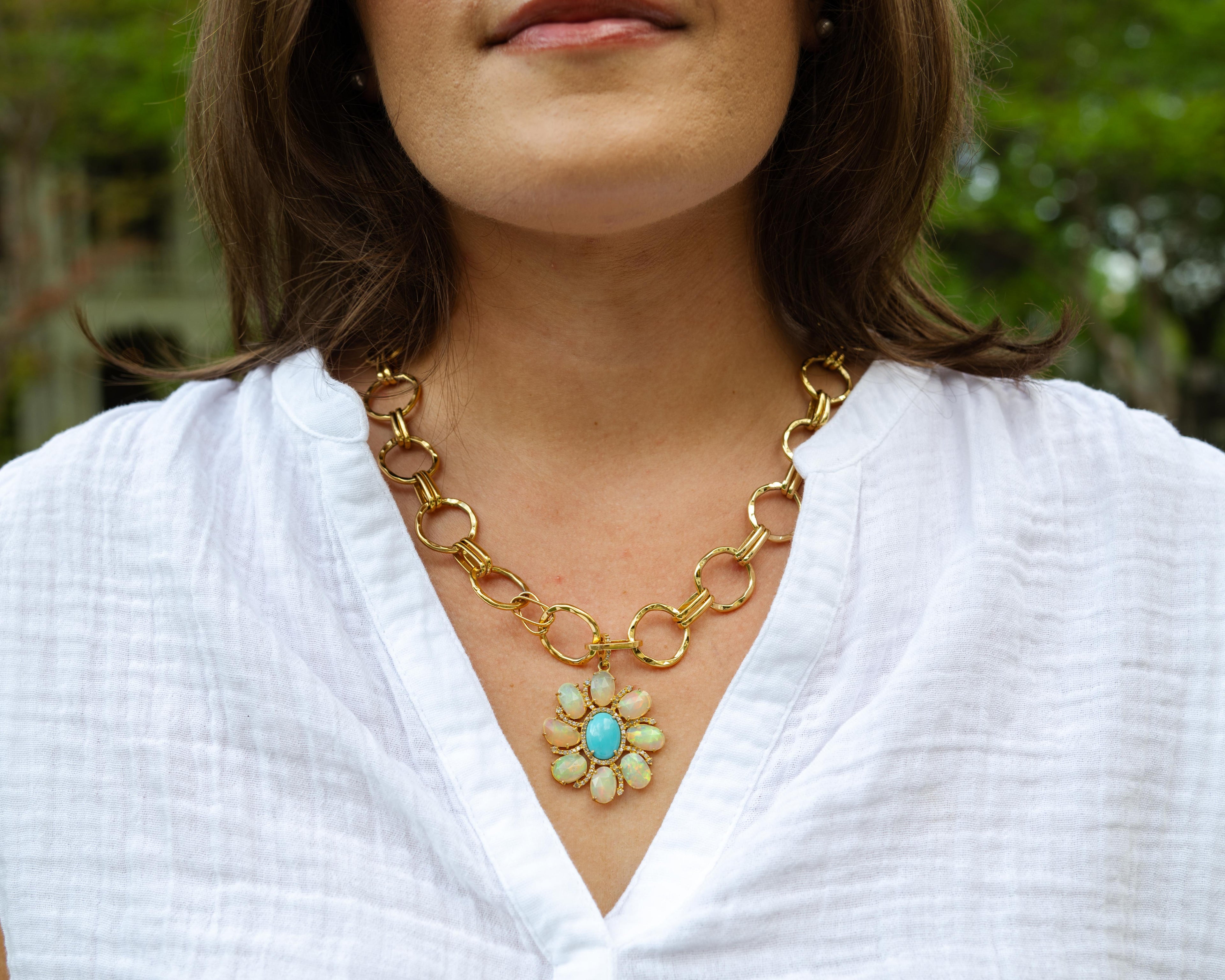 Statement. Necklace, Chunky, gold filled Chain with turquoise and opal pendant.