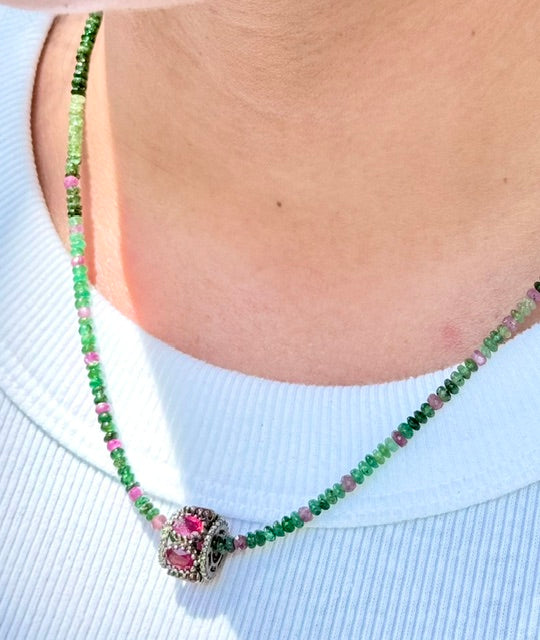 Brazilian Emerald Necklace with Ruby Barrel Pendant