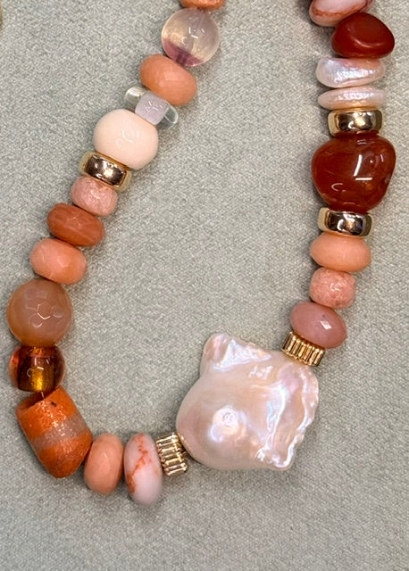 Sunset statement necklace with Baroque Pearl