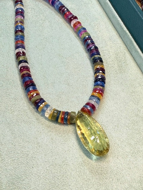 Multicolor Sapphire Tyre Gemstone Necklace with Lemon Topaz Pendant