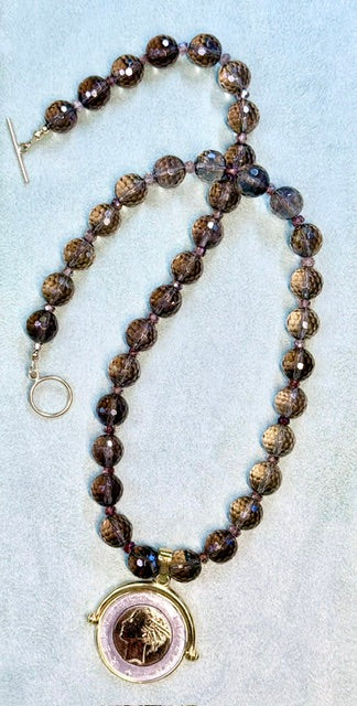 Smoky Quartz Necklace with Italian Lire Pendant